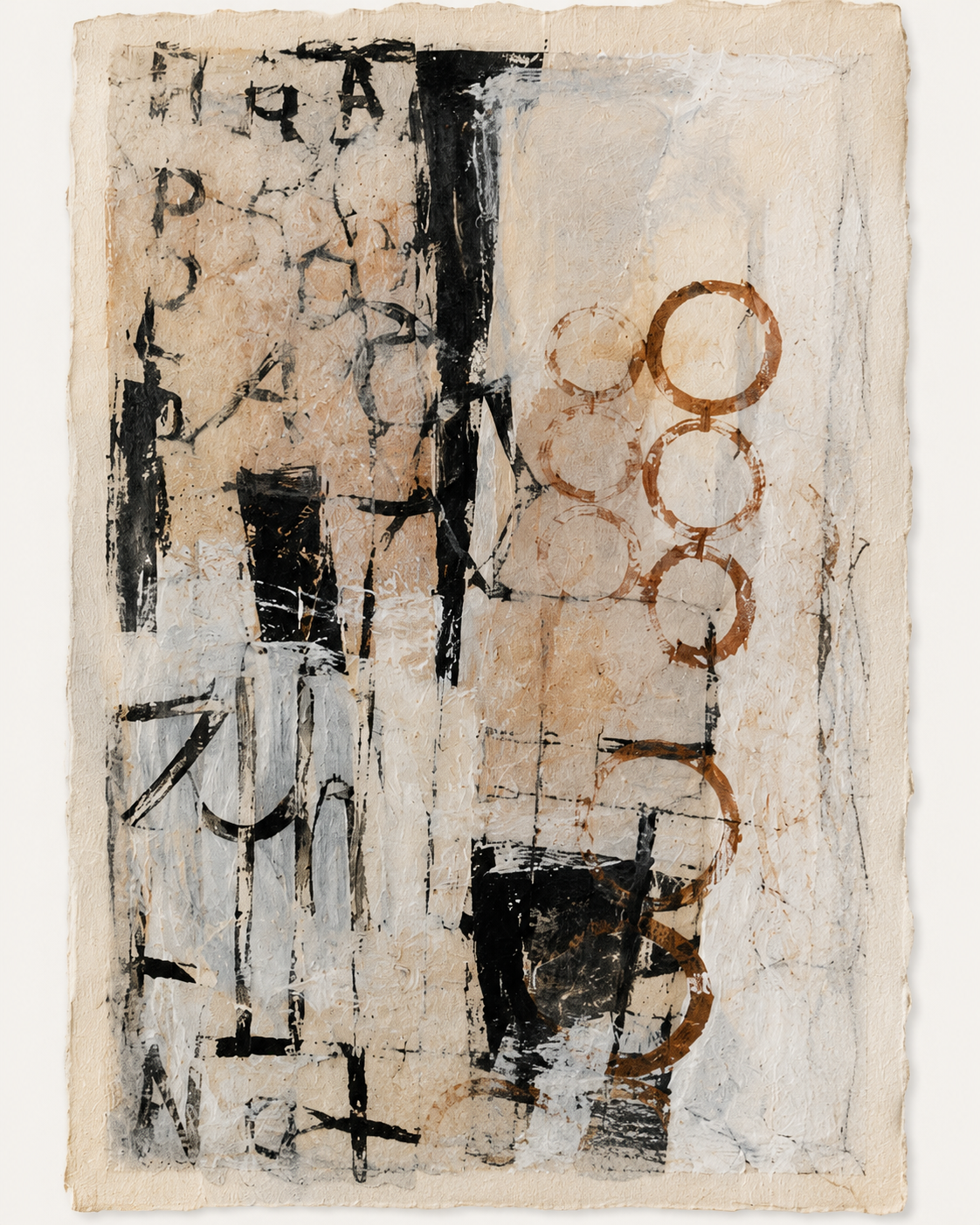 Abstract art piece with black, white, and brown elements on a textured beige background